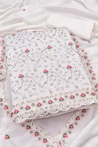 women's white unstitched vichitra dress material with embroidered dupatta