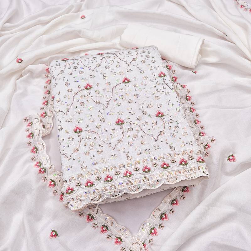 women's white unstitched vichitra dress material with embroidered dupatta