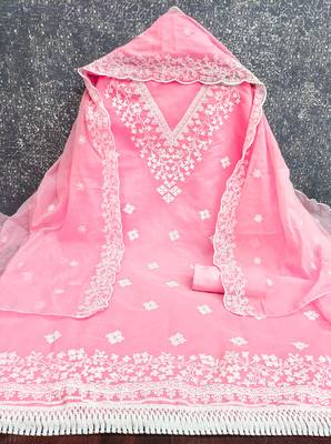 women's baby pink unstitched chanderi dress material with embroidered dupatta  2
