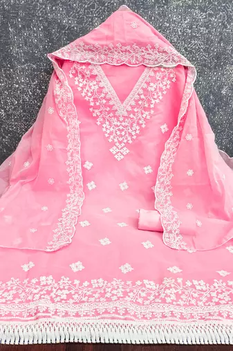 women's baby pink unstitched chanderi dress material with embroidered dupatta 