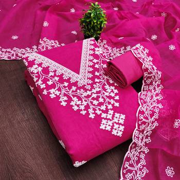 women's magenta unstitched chanderi dress material with embroidered dupatta 3