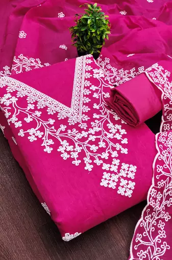 women's magenta unstitched chanderi dress material with embroidered dupatta