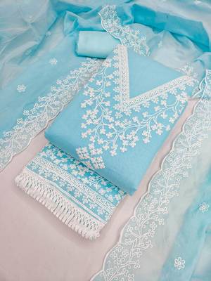 women's sky blue unstitched chanderi dress material with embroidered dupatta 4