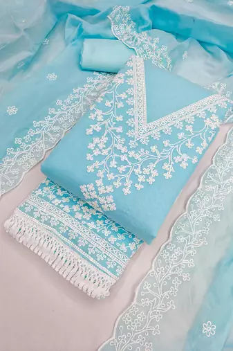 women's sky blue unstitched chanderi dress material with embroidered dupatta