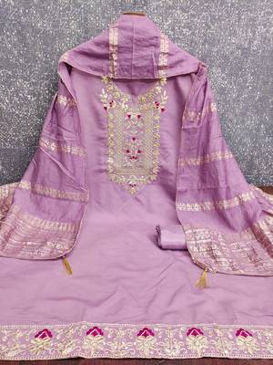 women's lavender unstitched roman silk dress material with woven dupatta 2