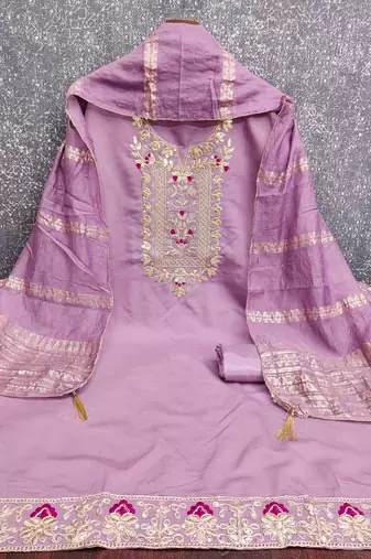 women's lavender unstitched roman silk dress material with woven dupatta