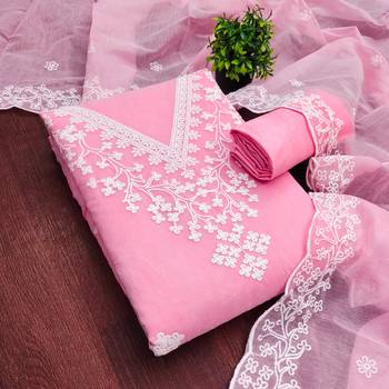 women's baby pink unstitched chanderi dress material with embroidered dupatta  3