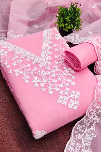 women's baby pink unstitched chanderi dress material with embroidered dupatta 