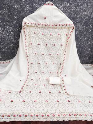 women's white unstitched vichitra dress material with embroidered dupatta 2