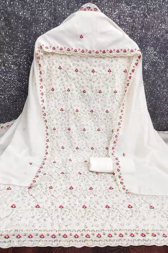 women's white unstitched vichitra dress material with embroidered dupatta
