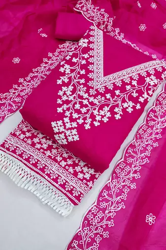 women's magenta unstitched chanderi dress material with embroidered dupatta