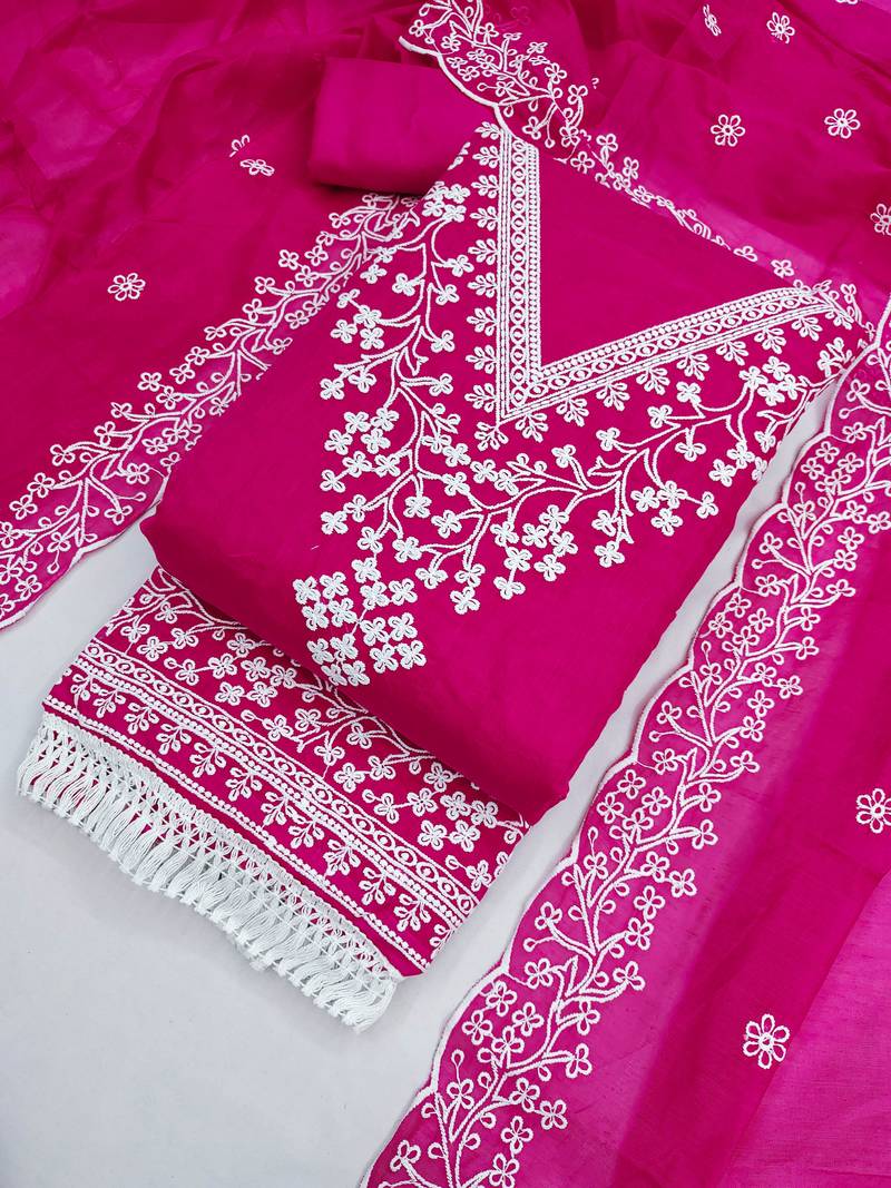 women's magenta unstitched chanderi dress material with embroidered dupatta