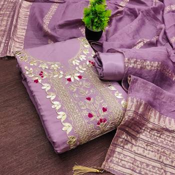 women's lavender unstitched roman silk dress material with woven dupatta 3