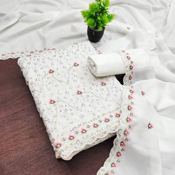 women's white unstitched vichitra dress material with embroidered dupatta 3