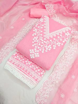 women's baby pink unstitched chanderi dress material with embroidered dupatta  4