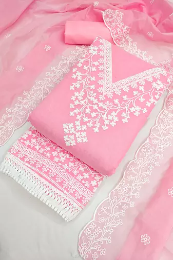 women's baby pink unstitched chanderi dress material with embroidered dupatta 