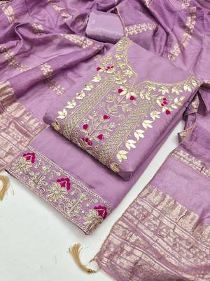 women's lavender unstitched roman silk dress material with woven dupatta 4