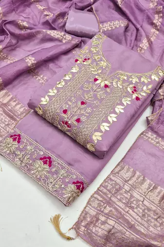 women's lavender unstitched roman silk dress material with woven dupatta