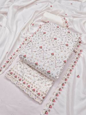 women's white unstitched vichitra dress material with embroidered dupatta 4