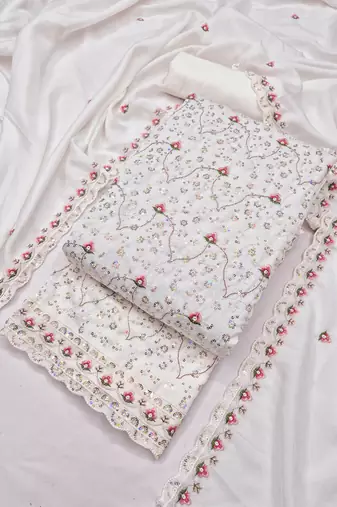 women's white unstitched vichitra dress material with embroidered dupatta