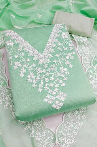 women's sea green unstitched chanderi dress material with embroidered dupatta 