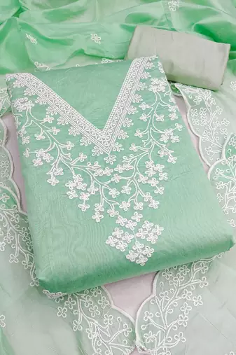 women's sea green unstitched chanderi dress material with embroidered dupatta 