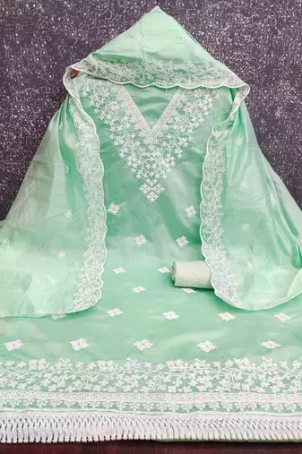 women's sea green unstitched chanderi dress material with embroidered dupatta 