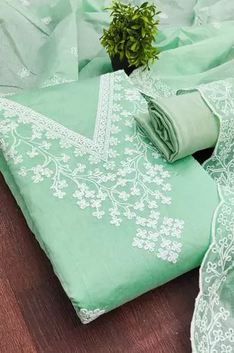 women's sea green unstitched chanderi dress material with embroidered dupatta 