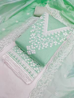 women's sea green unstitched chanderi dress material with embroidered dupatta  4
