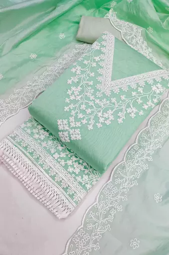 women's sea green unstitched chanderi dress material with embroidered dupatta 