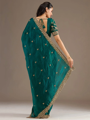 Fetching rama green tissue silk zari and sequins embroidered indian latest design ethnic saree 5