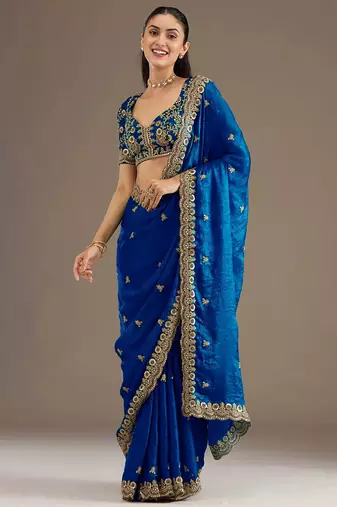 Glamourous royal blue tissue silk zari and sequins embroidered indian latest designer saree