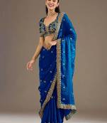 Glamourous royal blue tissue silk zari and sequins embroidered indian latest designer saree