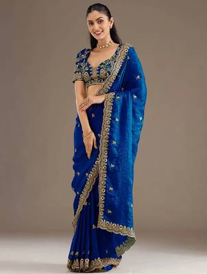 Glamourous royal blue tissue silk zari and sequins embroidered indian latest designer saree 2