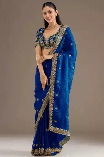 Glamourous royal blue tissue silk zari and sequins embroidered indian latest designer saree