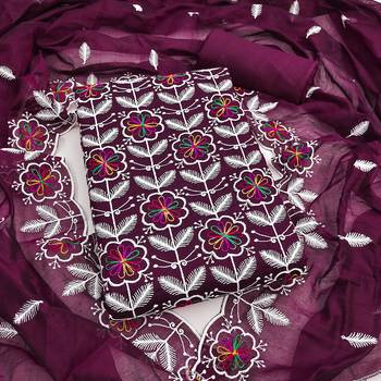 women's voilet unstitched chanderi dress material with embroidered dupatta 1