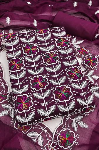 women's voilet unstitched chanderi dress material with embroidered dupatta