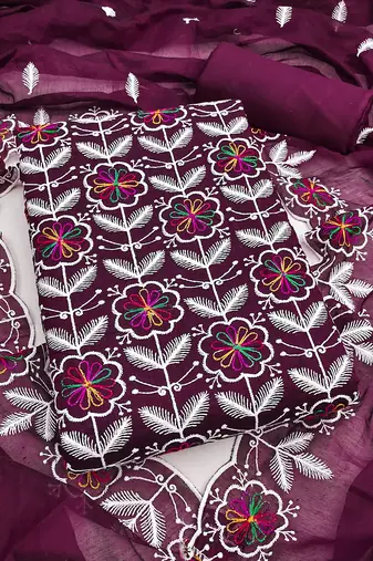 women's voilet unstitched chanderi dress material with embroidered dupatta