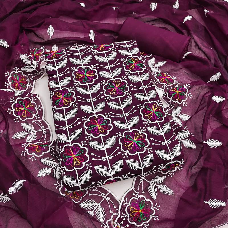 women's voilet unstitched chanderi dress material with embroidered dupatta