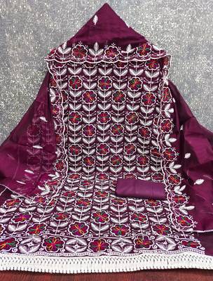 women's voilet unstitched chanderi dress material with embroidered dupatta 2
