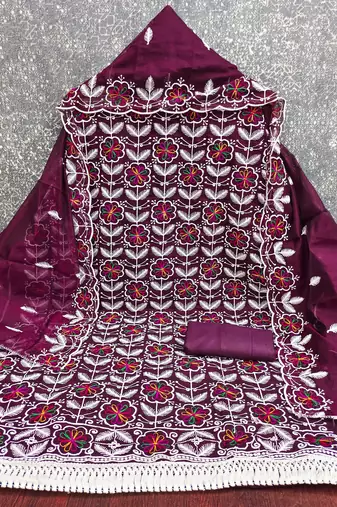 women's voilet unstitched chanderi dress material with embroidered dupatta
