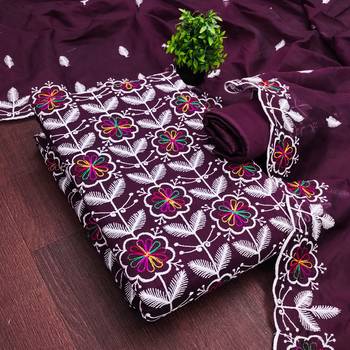 women's voilet unstitched chanderi dress material with embroidered dupatta 3