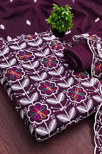 women's voilet unstitched chanderi dress material with embroidered dupatta