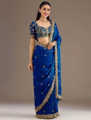 Glamourous royal blue tissue silk zari and sequins embroidered indian latest designer saree 3