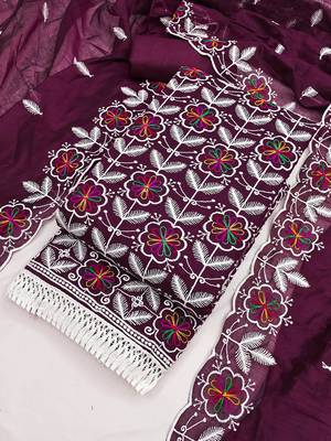 women's voilet unstitched chanderi dress material with embroidered dupatta 4