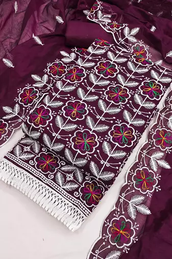 women's voilet unstitched chanderi dress material with embroidered dupatta