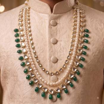 Green kundan pearl necklace – elegant sherwani jewellery for men 5
