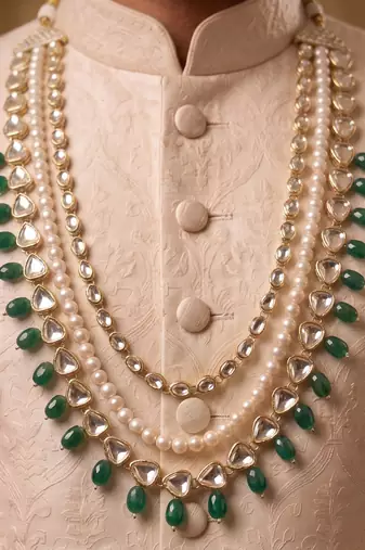 Green kundan pearl necklace – elegant sherwani jewellery for men