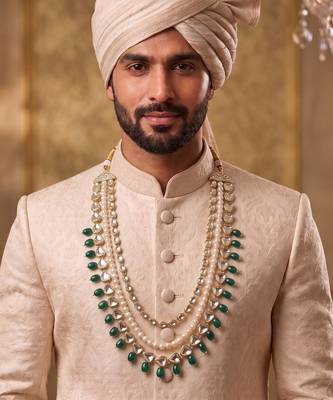 Green kundan pearl necklace – elegant sherwani jewellery for men 1