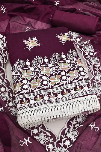 women's voilet unstitched chanderi dress material with embroidered dupatta